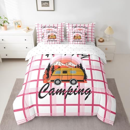 Erosebridal Happy Camping Comforter Set Queen Size,Cartoon RV Bedding Set for Kids Teens,Pink Buffalo Plaid (Comforter+Fitted+Flat Sheet+2 Pillowcases+2 Throw Pillow Covers) 7 Pieces Bed Set