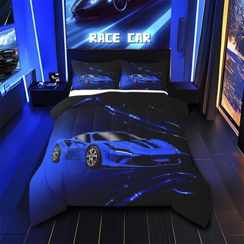 Feelyou Boys Blue Race Car Bedding Set Toddle Size Speed Sports Car Comforter Set for Kids Teens Adult Fast and Furious Duvet Set Blue Ombre Quilt Set 2Pcs