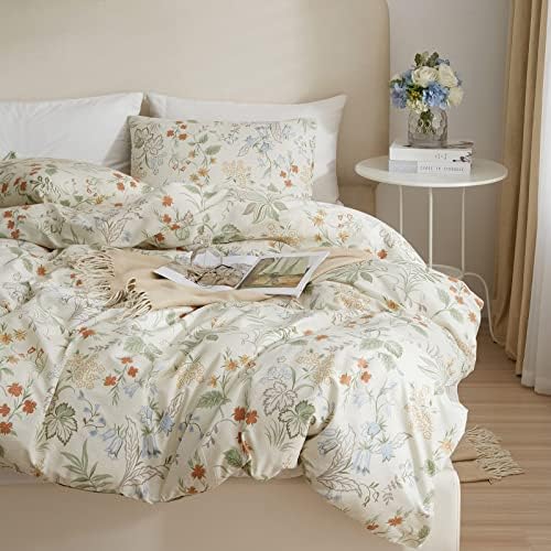 mixinni Floral Duvet Covers King Size Botanical Flower Leaf Printed on White Bedding Duvet Cover Set with Zipper Closure Ties for Him and Her 1 Duvet Cover with 2 Pillowcases-(3pcs, King Size)