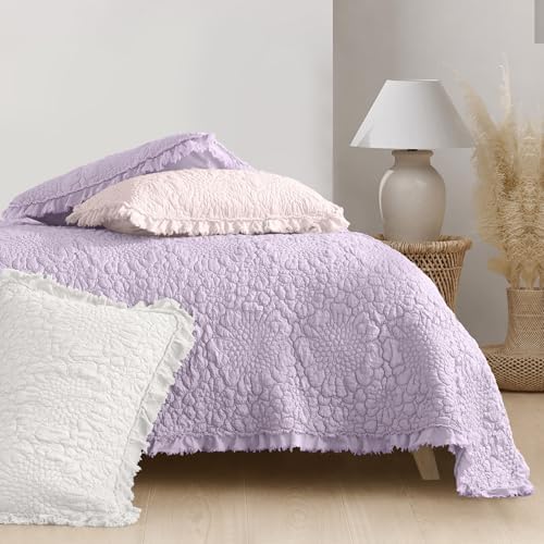 HORIMOTE HOME Lavender Ruffled Quilt Queen Size, Stone-Washed Microfiber Lightweight Crinkled Farmhouse Rustic Shabby Chic Bedding Set, 3 Pieces Reversible Bedspread with Pillow Shams for All Season