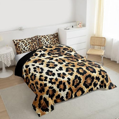 jejeloiu Leopard Comforter Set All Season Animal Skin Bedding Set with 2 Pillow Cases Animal Print Microfiber Kids Queen Bedclothes Bedroom Decor Duvet Quilt Breathable Soft Lightweight