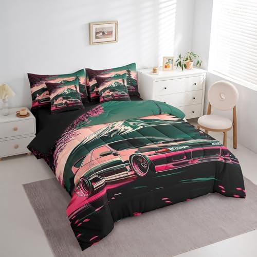 Feelyou Japanese Race Car Comforter Set with Sheets Twin Size Kids Speed Sports Car Cherry Blossoms 7 Pieces Bedding Set Boys Girls Teens Racing Car Mount Fuji Bed in a Bag Extreme Sports Bed Set