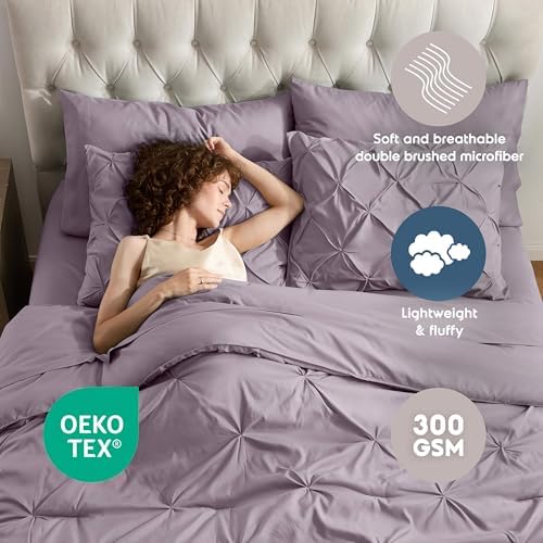 Nestl 9 Piece Full Comforter Set – Dusty Purple Pinch Pleated Bed in a Bag – Complete Full Size Bedding Set with Sheets, Set of 2 Cooling Pillows, Pillowcases and Shams