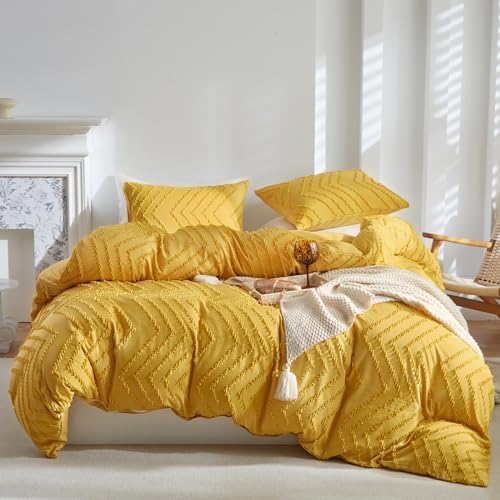 WARMDERN Boho Duvet Cover Set, Tufted Bedding Duvet Covers Soft Washed Microfiber King Size, 3 Pieces Embroidery Shabby Chic Duvet Cover with Zipper Closure(Bright Yellow, King)