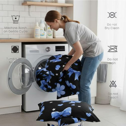 jejeloiu Bow Comforter Set All Season Bowknot Bedding Set with 2 Pillow Cases Black Blue Microfiber Kids King Bedclothes Bow-tie Bedroom Decor Duvet Quilt Breathable Soft Lightweight