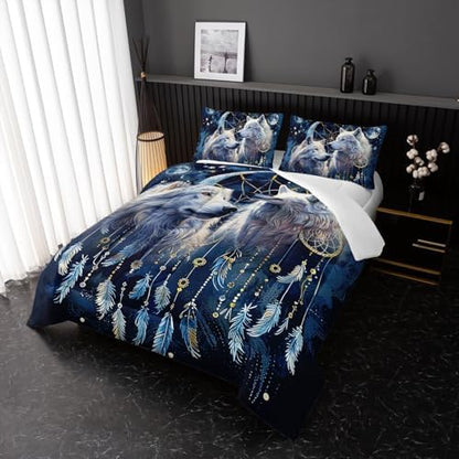 Nttopship Wolf Animal Comforter Set Full Size,Modern Wildlife Animal Comforter Wolf Bedding Set for Girls Boys Kids Teens Watercolor Wolf Dark Clouds Wild Animal Comforter with 2 Pillowcases