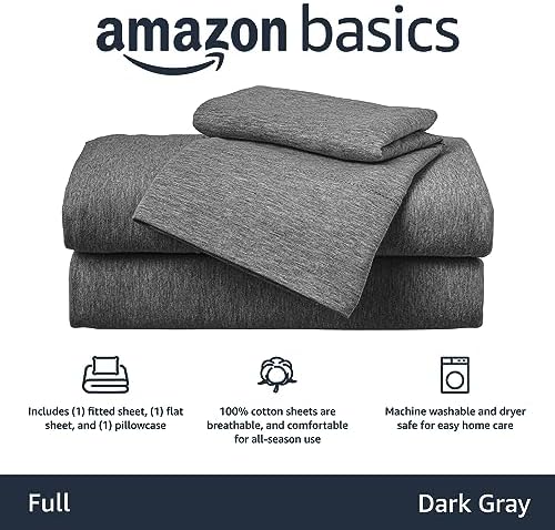Amazon Basics 4 Piece Bed Sheet Set, 100% Cotton Jersey, Includes Super Soft, Flat and Fitted Sheets, Pillowcase, Full, Dark Gray, Solid