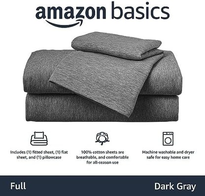 Amazon Basics 4 Piece Bed Sheet Set, 100% Cotton Jersey, Includes Super Soft, Flat and Fitted Sheets, Pillowcase, Full, Dark Gray, Solid