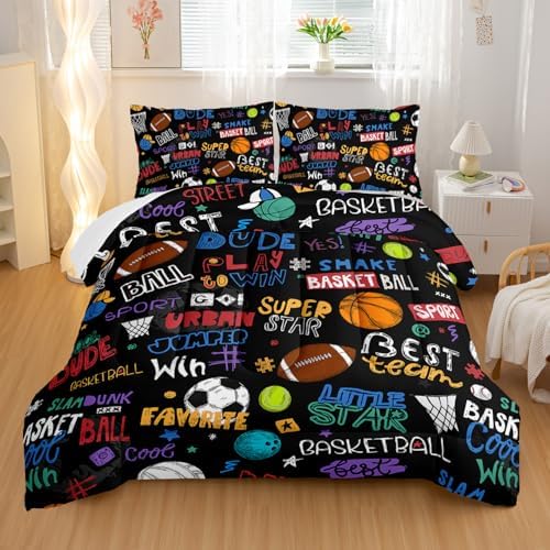 Nttopship Sports Ball Full Comforter Set,Football Rugby Basketball Bedding Set for Kids Boys Girls Youth Ball Sports Themed Bedroom Decor Bedding Set 3 Pcs Bed in A Bag (1 Comforter, 2 Pillow Case)