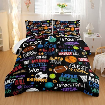 Nttopship Sports Ball Full Comforter Set,Football Rugby Basketball Bedding Set for Kids Boys Girls Youth Ball Sports Themed Bedroom Decor Bedding Set 3 Pcs Bed in A Bag (1 Comforter, 2 Pillow Case)