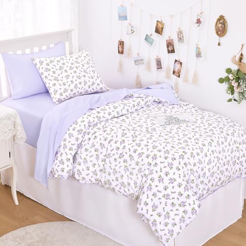 Wake In Cloud - Floral Comforter Set with Sheets, Coquette Cottagecore Aesthetic Flower Shabby Chic Pattern for Women Teen Girls, 5 Pieces Bed in a Bag, White Purple, Twin Size