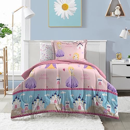 Dream Factory Kids 5-Piece Complete Bed Set Easy-Wash Super Soft Microfiber Comforter Bedding, Twin, Pink Little Princess