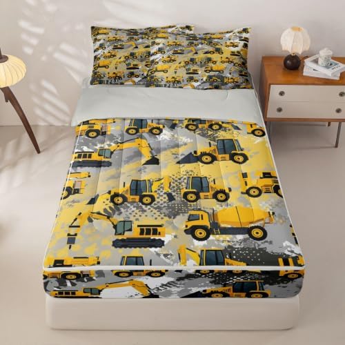 Feelyou Construction Twin Zipper Bedding for Boys, Excavator Tractor 3-Piece-All-in-one Soft and Sturdy, Construction Machinery Truck Zip Up Bedding with Deep Fitted Sheet and 2 Pillowcases
