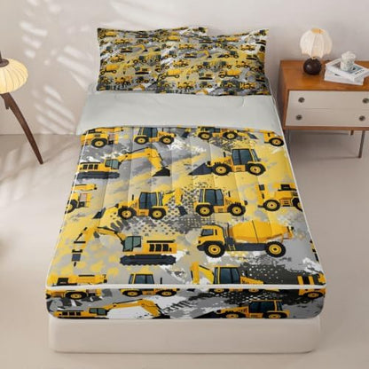 Feelyou Construction Twin Zipper Bedding for Boys, Excavator Tractor 3-Piece-All-in-one Soft and Sturdy, Construction Machinery Truck Zip Up Bedding with Deep Fitted Sheet and 2 Pillowcases