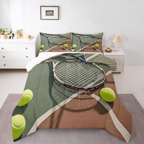 Castle Fairy 3D Tennis Racket Bedding Set Queen Size Cool Modern Ball Games Comforter Set for Girls Boys Room Decor Tennis Sports Lover Down Comforter Outdoor Activities Quilt Set with 2 Pillowcases