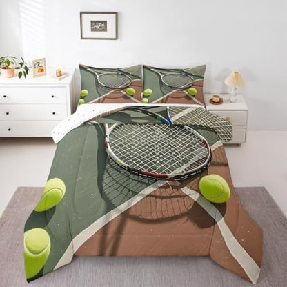 Castle Fairy 3D Tennis Racket Bedding Set Queen Size Cool Modern Ball Games Comforter Set for Girls Boys Room Decor Tennis Sports Lover Down Comforter Outdoor Activities Quilt Set with 2 Pillowcases
