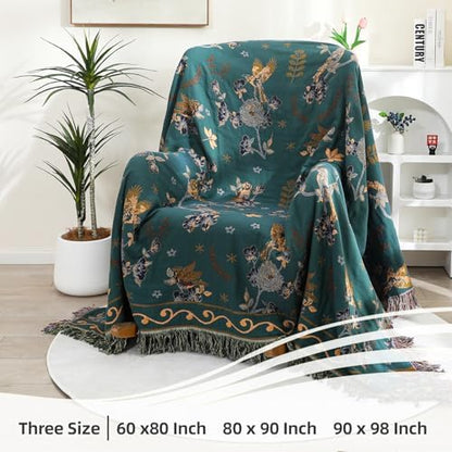 VANJOROY Boho 100% Cotton Large Throw Blanket - All Season Rustic Ultra Soft Breathable Floral Bird King Blanket for Bed Sofa Couch Chair Bedspread Quilt Gift, 91" x 98"-Teal/Beige