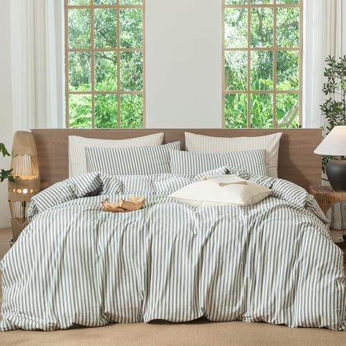 MooMee Striped Duvet Cover Set 100% Washed Cotton Linen Like Queen