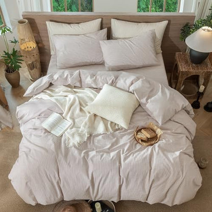 MooMee Striped Duvet Cover Set 100% Washed Cotton Linen Like King