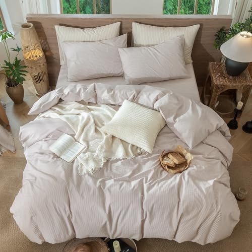 MooMee Striped Duvet Cover Set 100% Washed Cotton Linen Like Full