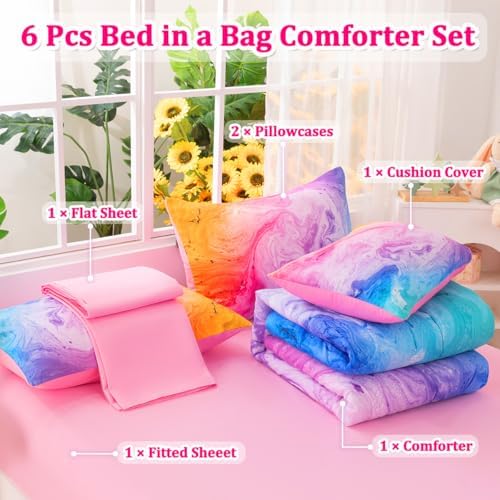 Girls Full Bedding Sets, 6 Pcs Pink Full Szie Comforter Set with Sheets, Watercolor Marble Abstract Art Superior Bedding Set for Girls