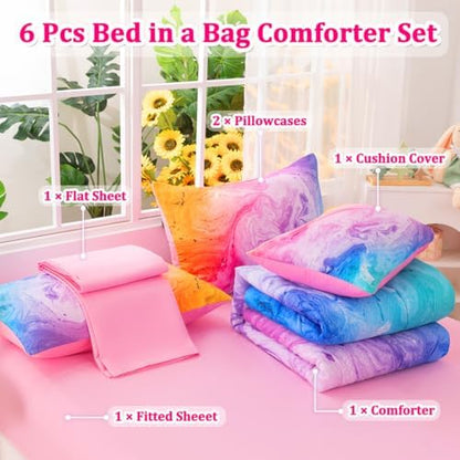 Girls Full Bedding Sets, 6 Pcs Pink Full Szie Comforter Set with Sheets, Watercolor Marble Abstract Art Superior Bedding Set for Girls