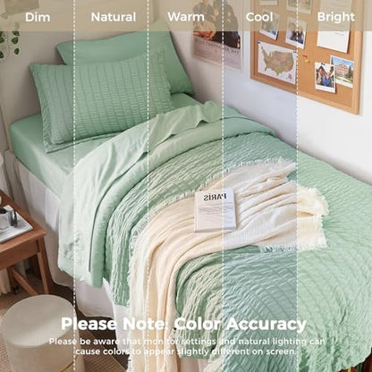 HYMOKEGE Sage Green Twin Comforter Set Seersucker 5 Pieces, All Season Luxury Bed in a Bag for Bedroom, Bedding Set with Comforters, Sheets, Pillowcase & Sham
