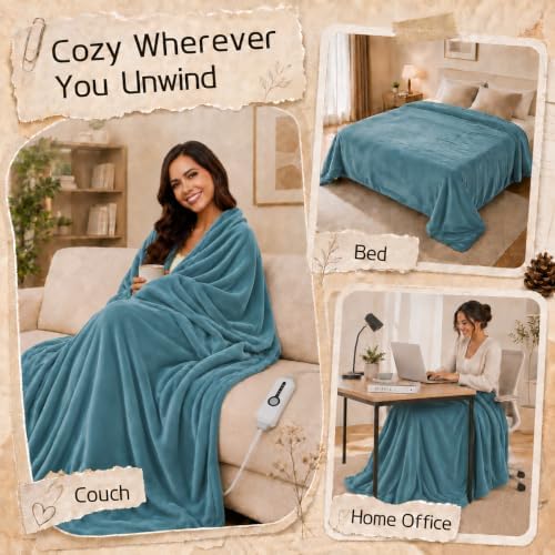 ReyyNio Electric Heated Blanket Throw Size 50"x60", 3H Auto-Off, Teal