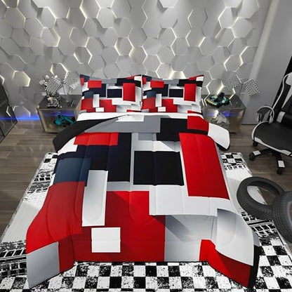 Castle Fairy 3D Geometric Comforter Set Full Size,Red Black Grey Abstract Square Bedding Set for Girls Teens Bedroom Present,Colorful Plaid Print Soft Chic Microfiber Quilted Duvet with 2 Pillowcases