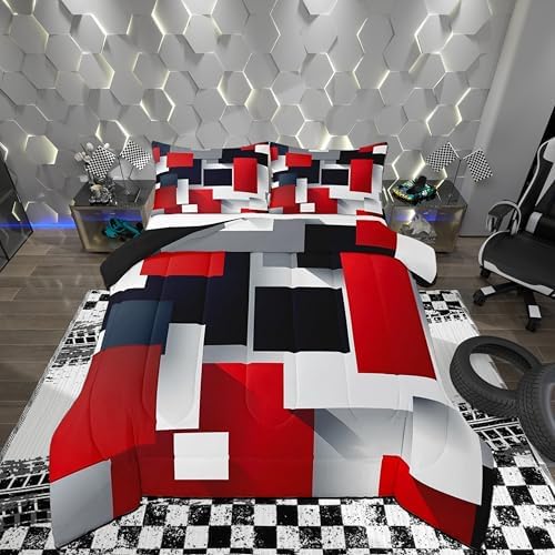 Kids 3D Geometric Comforter Set Twin Size,Red Black Grey Abstract Square Quilt Set for Kids Boys Bedroom Decor Xmas Gift,Colorful Plaid Print Polyester Bedding Set with 1 Pillowcase, 2 Piece