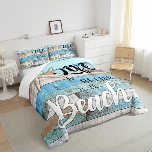 Beach Life Comforter Set King Size,Cute Starfish Bedding Set 3pcs,Rustic Farmhouse Down Comforter for Kids Boys Girls Teens Room Decor,Retro Blue Wooden Plank Bed Set for All Season,2 Pillowcases