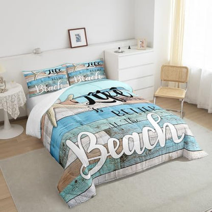 Beach Life Comforter Set King Size,Cute Starfish Bedding Set 3pcs,Rustic Farmhouse Down Comforter for Kids Boys Girls Teens Room Decor,Retro Blue Wooden Plank Bed Set for All Season,2 Pillowcases