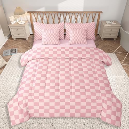 jejeloiu Pink Plaid Bedding Set 7Pcs King Size Kids Checkered Comforter Set with Sheets for Boys Girls Classic Grid Buffalo Check Bed in a Bag Soft Lightweight,Microfiber