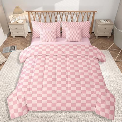 jejeloiu Pink Plaid Bedding Set 7Pcs King Size Kids Checkered Comforter Set with Sheets for Boys Girls Classic Grid Buffalo Check Bed in a Bag Soft Lightweight,Microfiber