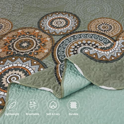 LEAONME 3-Piece Full Queen Size Olive Green Quilt Set Lightweight Oversized Bedspread 90''x98'' Soft Microfiber Floral Coverlet Luxurious Warm Bed Cover for All Seasons (1 Quilt, 2 Pillow Shams)