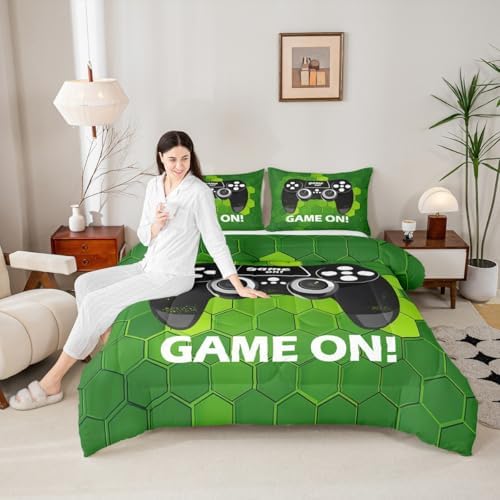 Castle Fairy Gamepad Reversible Children Comforter Set,Sports Gaming Bedding Set for Kids Boys,Adults Soft Geometric Hexagon Comforter,Teens Green Quilted Duvet Set Bedroom Collection King Size 3Pcs