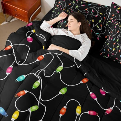 Erosebridal Festival Lamp 7 Piece Bedding Set Twin Cartoon Rope Comforter Set with Sheets Christmas Colorful Fantasy Bed in a Bag Holiday Black Bed Sets Comforter