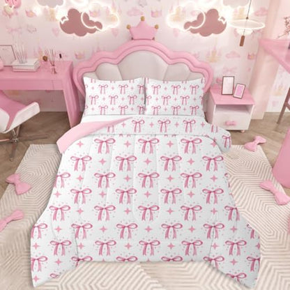 jejeloiu Bowknot Comforter Set King Size Pink Bow Bedding Set for Kids Boys Girls Princess Decor Duvet Quilt Bow Tie Bedroom Decor Microfiber 3 Pcs with 2 Pillow Cases