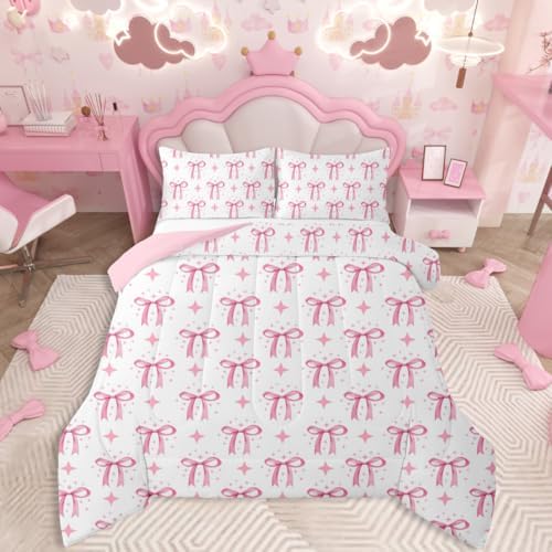 jejeloiu Bowknot Comforter Set Toddler Size Pink Bow Bedding Set for Kids Boys Girls Princess Decor Duvet Quilt Bow Tie Bedroom Decor Microfiber 2 Pcs with 1 Pillow Cases