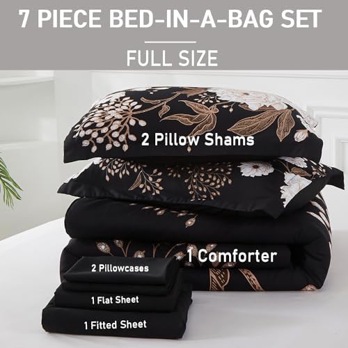 Yogeneg 7 Piece Bed in a Bag Full Size Comforter Set Botanical Floral Bedding Set,White Flower Leaves Printed on Black Reversible Design,Soft Microfiber Comforter with Sheet Set,All Season(Black,Full)