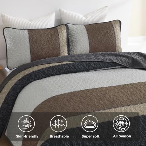 Cottolester Quilts Queen Size,Grey Brown Striped Bedspread Coverlet Set
