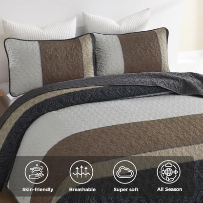 Cottolester Quilts Queen Size,Grey Brown Striped Bedspread Coverlet Set