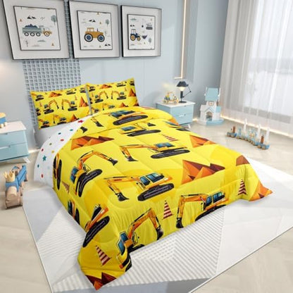 Erosebridal Boys Construction King Bedding Set, Excavator Comforter Set for Kids Men Boys Room Decor, Yellow Vehicle Comforter, Equipment Trucks Quilt with 2 Pillowcases, 3 Pcs, Lightweight