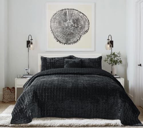 Quilt Set Queen Size 90x98 Luxurious Velvet Bedding Sets with 2 Pillow Shams 20x26 3 Pieces Ultra Soft Quilted Bedspread Coverlet Comforter for All Season,Black