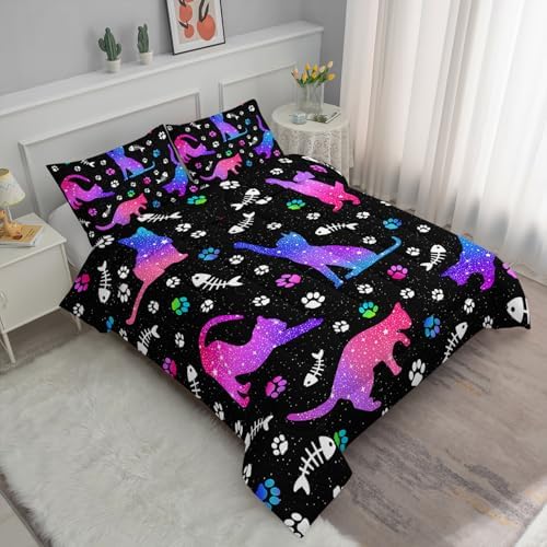 Axolotl Kids Gradient Cat Comforter Set King,3Pcs Cute Cats Bedding,Cartoon Paw Fish Bone Print Quilt Set with 1 Comforter 2 Pillowcases,Glitter Stars Bedding for Kids Boys Girls Teens Adults