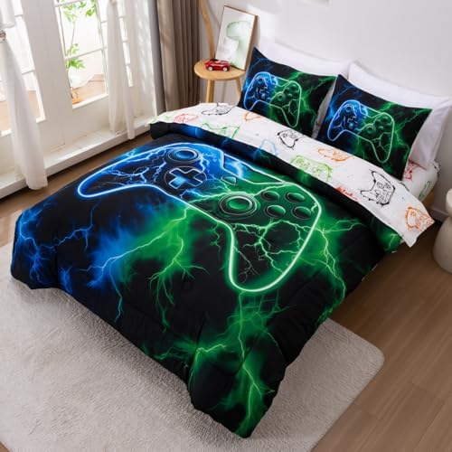 Meeting Story 5 Pieces Gaming Bedding Sets Full Size Red and Blue Gamer Comforter Set for Boys Girls Soft Fluffy 3D Cool Video Game Kids Bed in A Bag for All Seasons(Bluegreen)