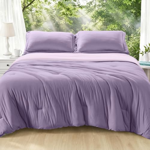 MUXHOMO Cooling Comforter Set Queen Size, Lightweight Summer Comforter for Hot Sleeper, Reversible Bedding with ICY Cooling Surface, Includes 1 Comforter (90"x90") and 2 Shams (20"x 26"), Lavender