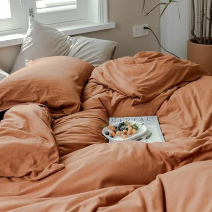LifeTB Terracotta Burnt Orange Duvet Cover Set Queen Jersey Knit Duvet Cover 100% T-Shirt Cotton Comforter Cover Caramel Rust Color Bedding Set Boho Pumpkin Orange Comforter Cover with Zipper Closure