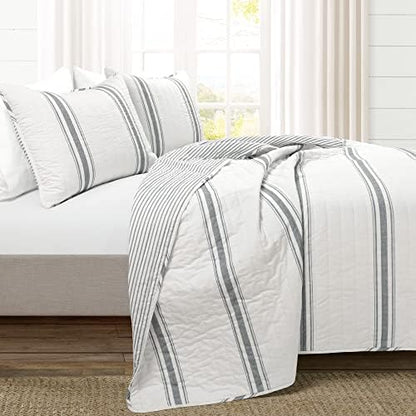 Lush Decor Farmhouse Stripe Reversible Cotton Quilt King Size 3 Piece Set Dark Gray - Farmhouse Bedding Set King Quilt - Striped Bedding