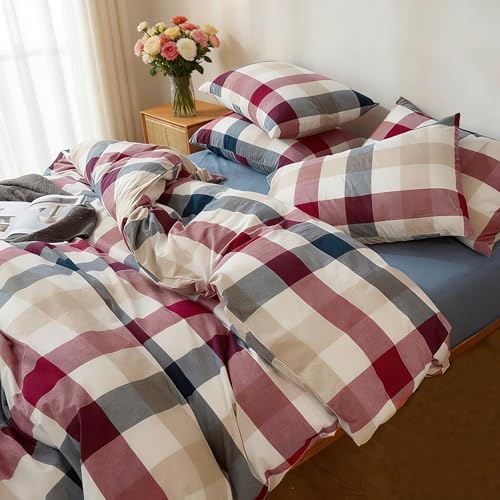 Buffalo Plaid Duvet Cover Set 3 Piece 100% Washed Cotton Linen Feel Farmhouse Bedding Comfy Breathable (Red Blue Buffalo Plaid, King)